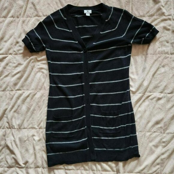 WORTHINGTON Vintage Short Sleeve Cardigan Striped Sweater Black & Grey Sz S - Picture 4 of 8